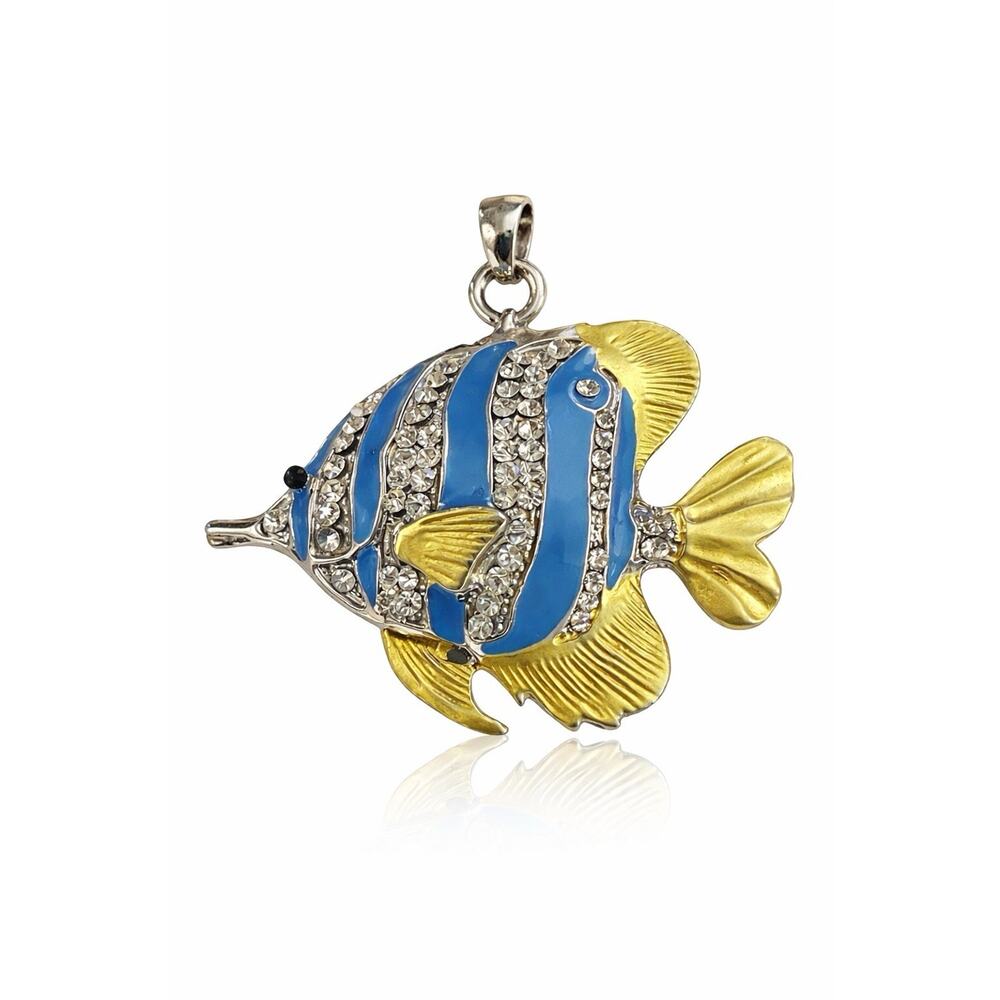 Vintage Tropical Fish Pendant Blue Enamel Rhinestone Gold Tone Large Statement